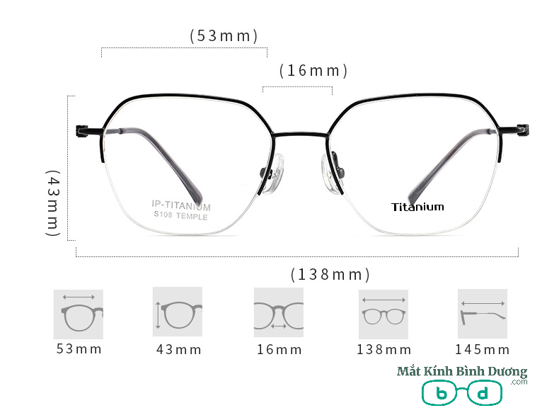 Gọng kính titan nửa viền S108 đa giác sáng khuôn mặt